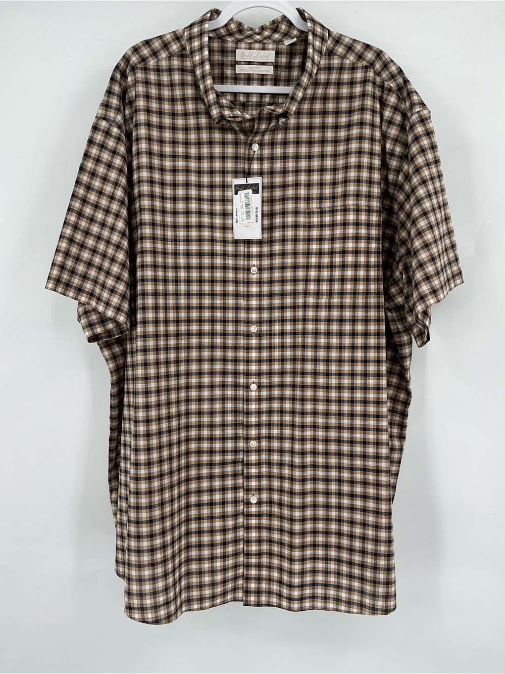 Roundtree & Yorke Mini Plaid Short-Sleeve Button Shirt Brown Cream NWT